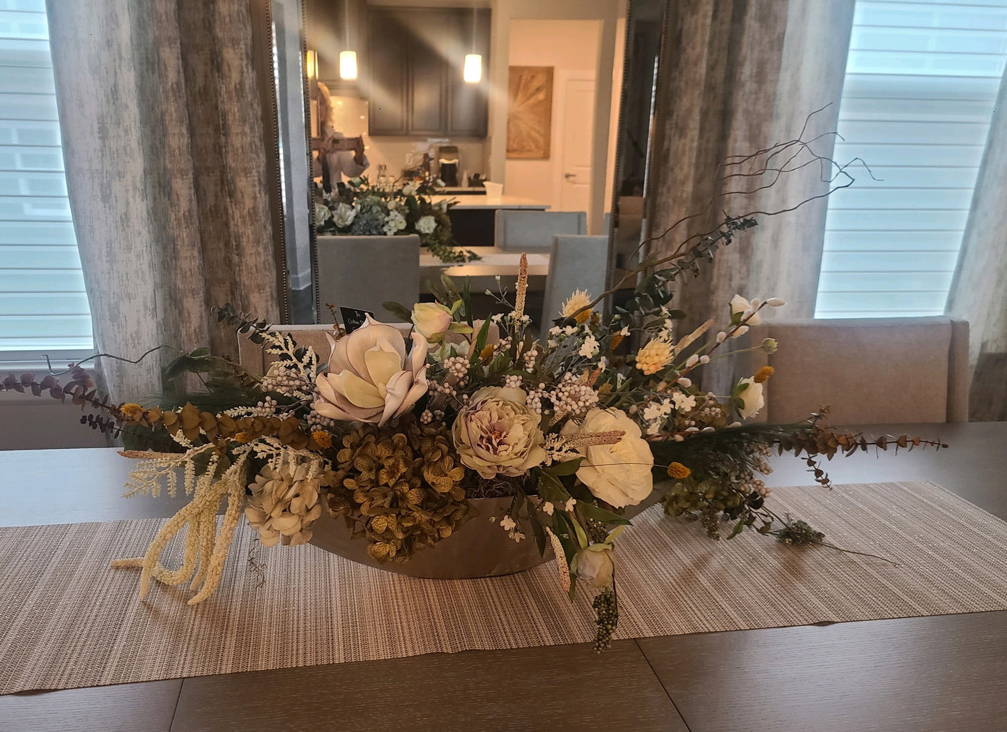 Elegant Neutral Floral Centerpiece in Wooden Trough – Modern Farmhouse Table Décor