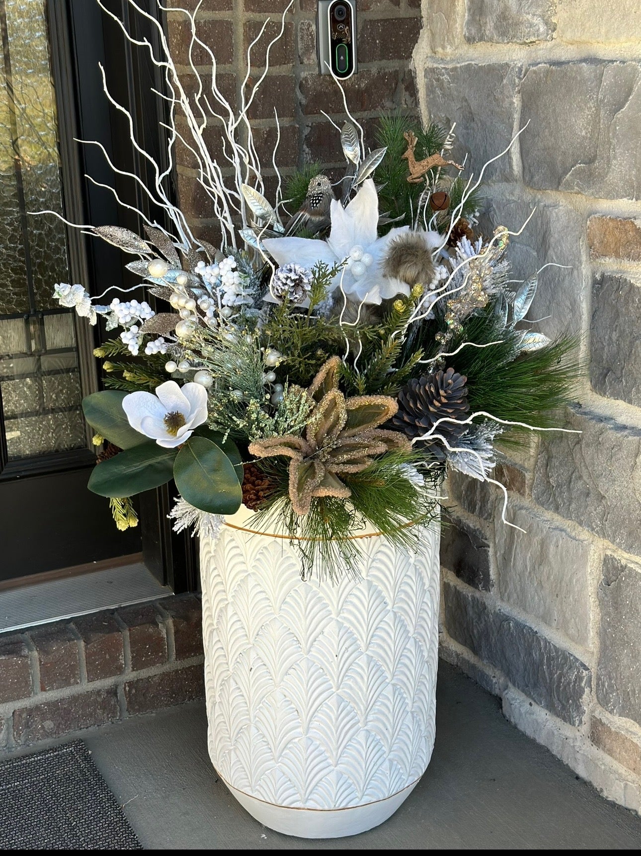 Winter Outdoor Floral Arrangement in White Decorative Planter – Holiday Porch Décor