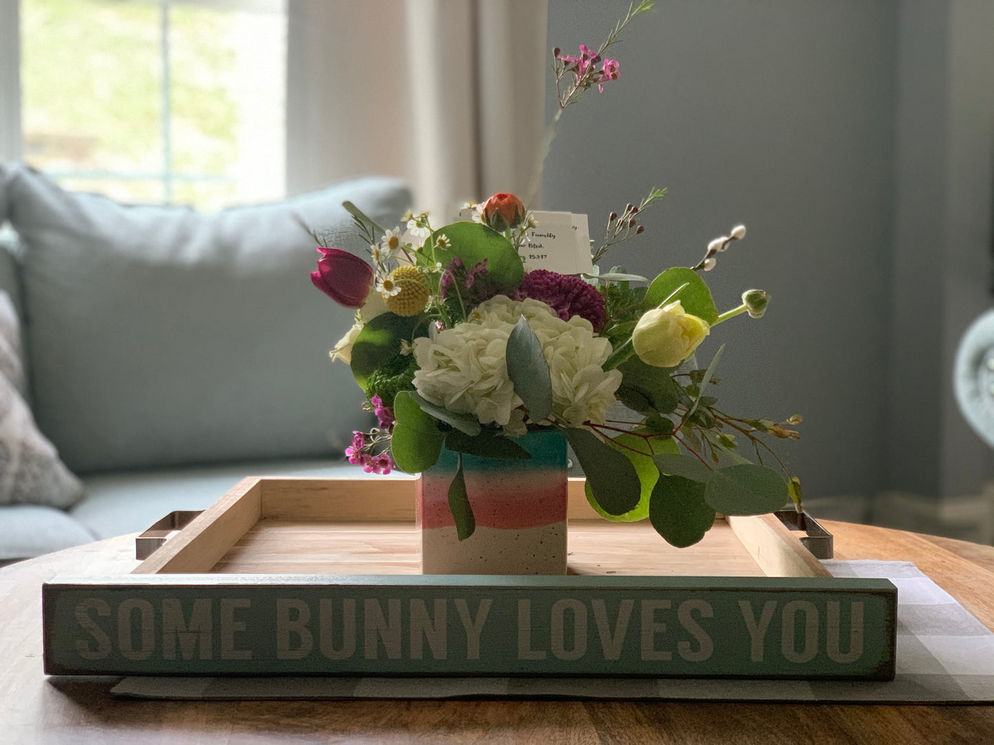 Easter spring flower arrangement in pastel ceramic mug with hydrangea, tulips, and daisies – Easter flowers delivery Beaver PA & Canonsburg PA