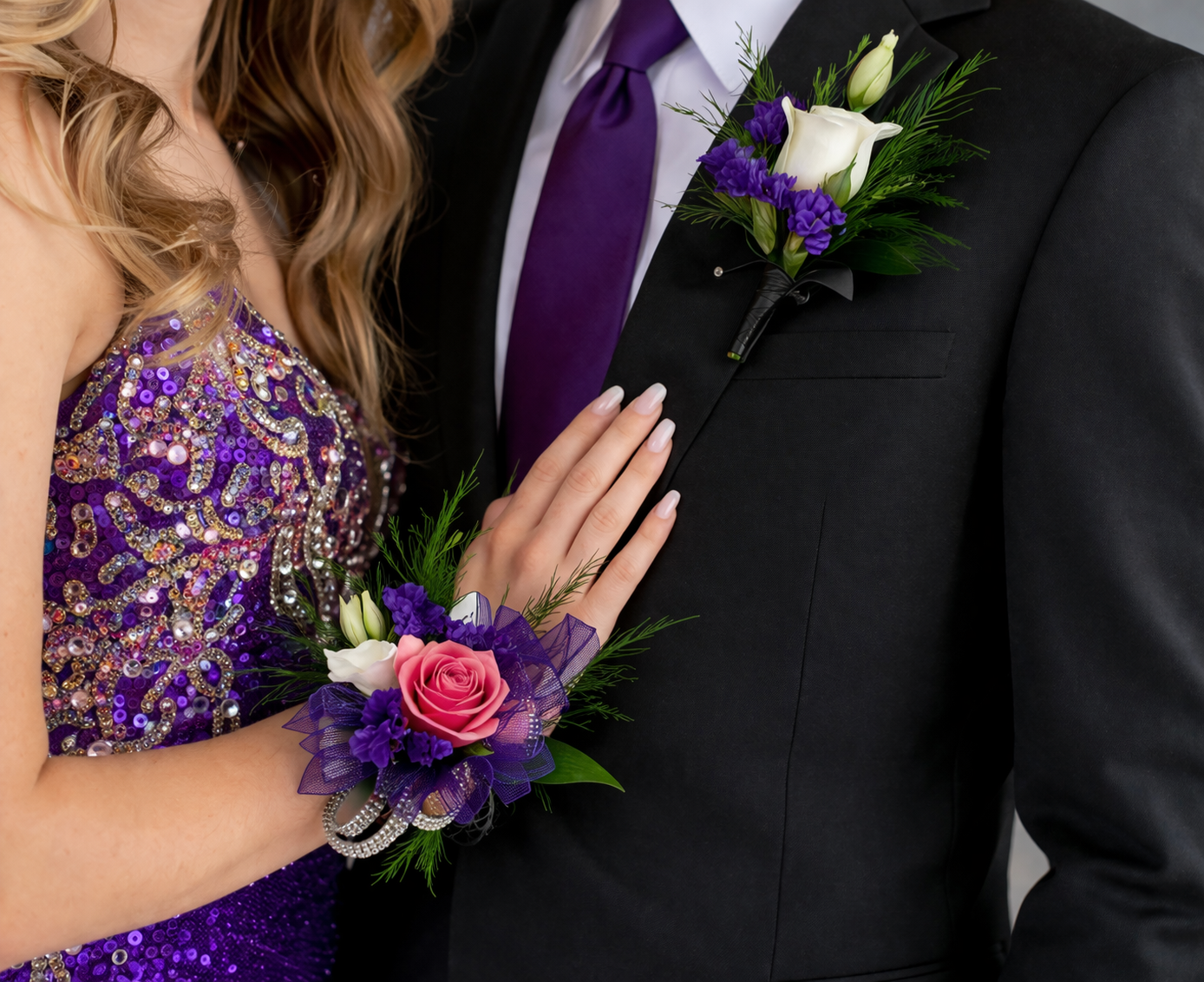 Close-up of a purple and pink rose corsage with ribbon detail paired with a white rose boutonniere, styled on formal prom attire with a black suit and purple dress, highlighting floral details and textures.