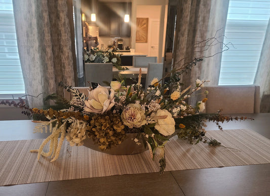 Elegant Neutral Floral Centerpiece in Wooden Trough – Modern Farmhouse Table Décor