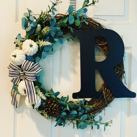Personalized Pumpkin & Eucalyptus Fall Wreath with Monogram – Front Door Décor