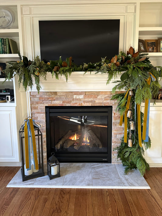 Luxury Holiday Mantel Garland with Magnolia & Bells – Festive Fireplace Décor