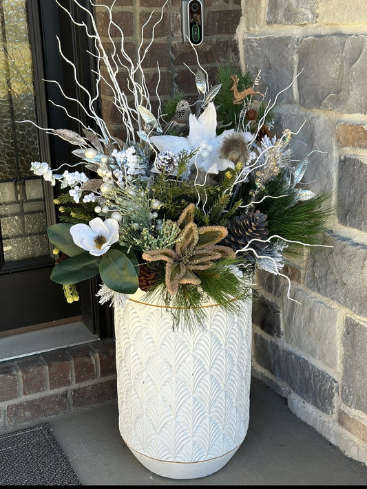 Winter Outdoor Floral Arrangement in White Decorative Planter – Holiday Porch Décor