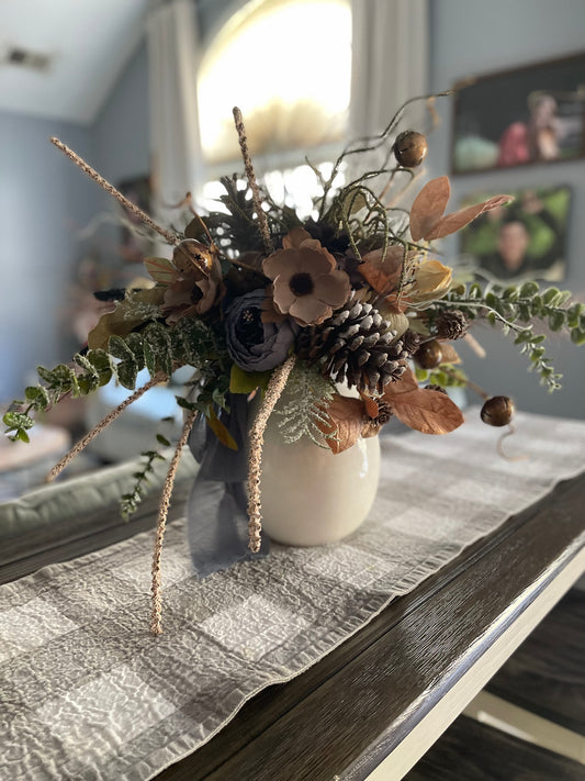 Rustic Woodland Floral Arrangement with Pinecones – Neutral Ceramic Vase Décor