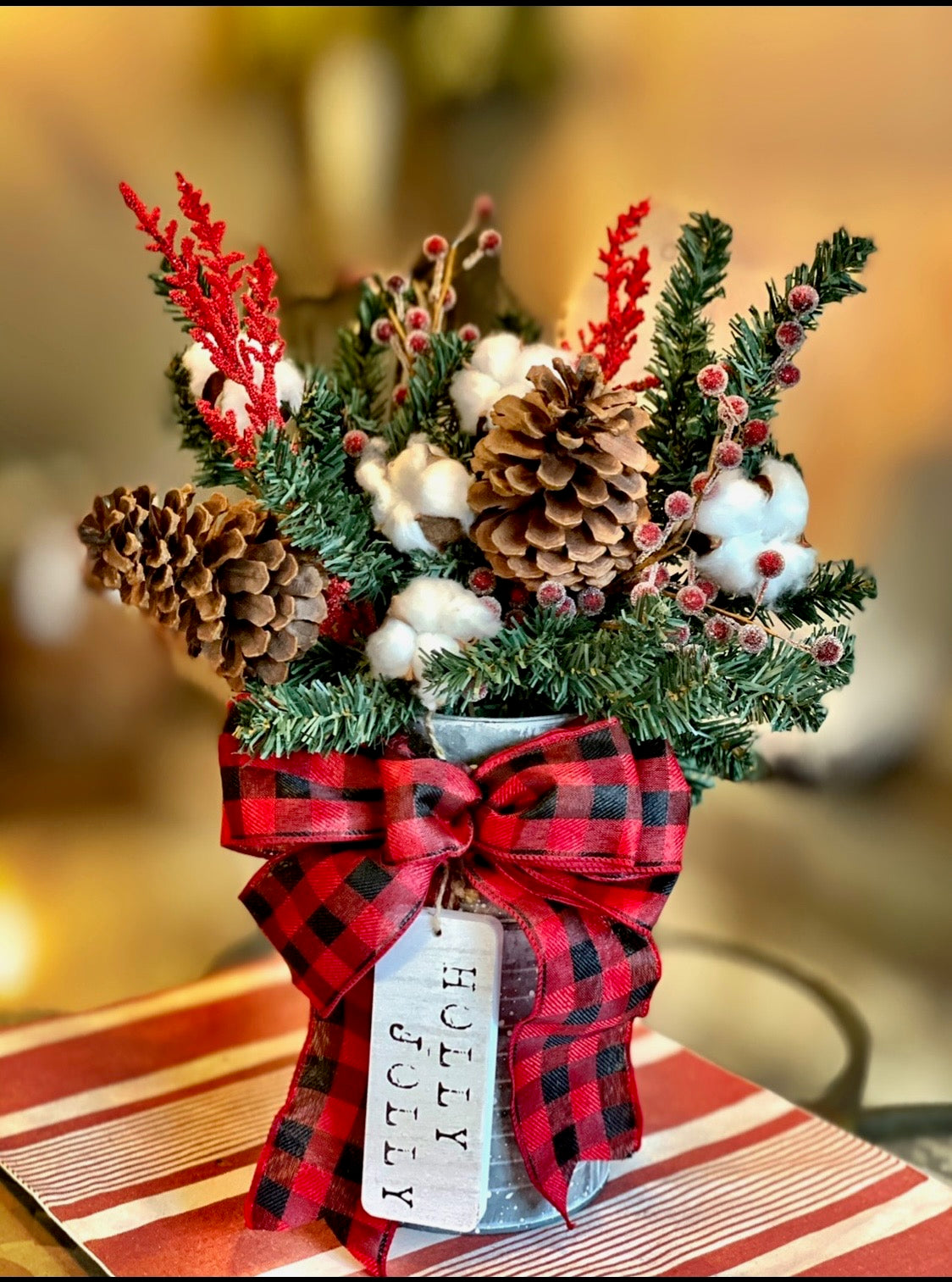 Rustic Holiday Tabletop Arrangement with Pinecones & Buffalo Plaid Bow – Christmas Décor