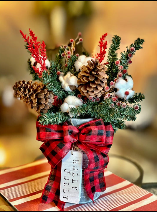 Rustic Holiday Tabletop Arrangement with Pinecones & Buffalo Plaid Bow – Christmas Décor