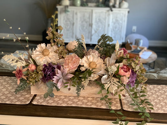 Rustic Floral Centerpiece in Wooden Box – Farmhouse Table Décor
