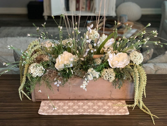 White Floral Centerpiece in Rustic Wooden Box – Farmhouse Table Décor