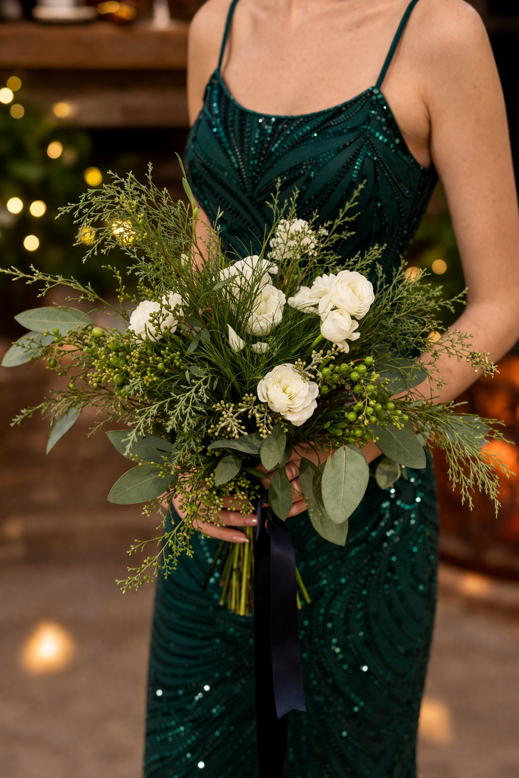 Prom bouquet with white flowers and greenery from a Canonsburg, PA floral boutique, held in front of an emerald green dress in a softly lit setting.