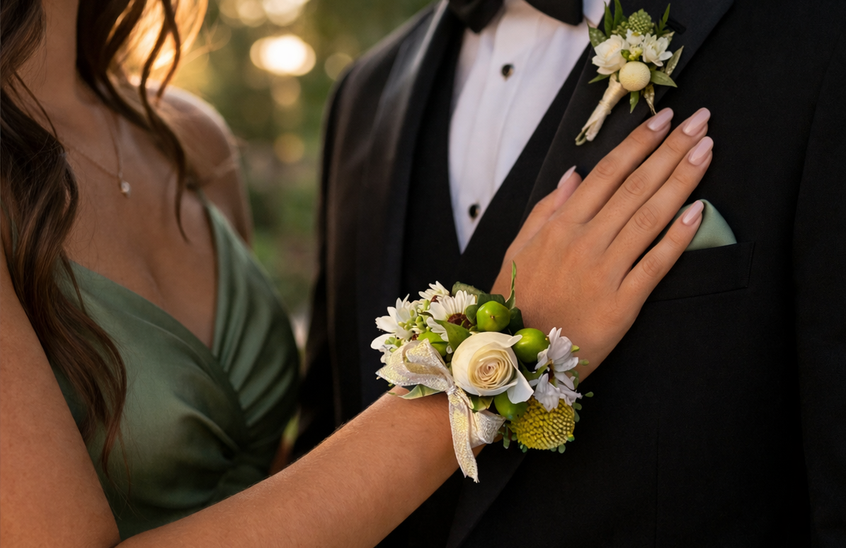 Custom prom corsage from a Canonsburg, PA floral boutique with pink and purple flowers, worn on a girl’s wrist as she rests her hand on her date’s tuxedo.