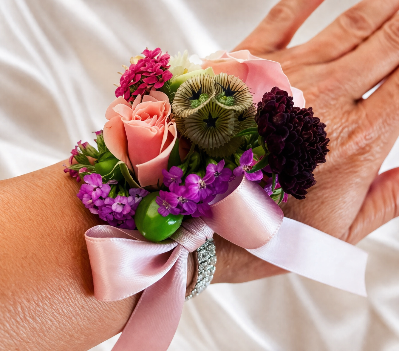 Custom prom corsage from a Canonsburg, PA floral boutique with pink and purple flowers, worn on a girl’s wrist as she rests her hand on her date’s tuxedo.