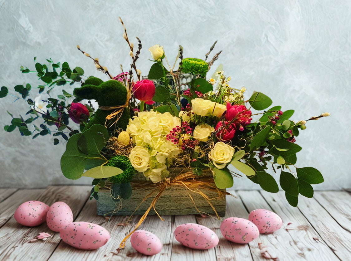 Send beautiful Easter flowers with our Rustic Easter Garden Box. A garden-style spring arrangement with hydrangea, roses, and greenery. Easter flower delivery in Beaver & Canonsburg.