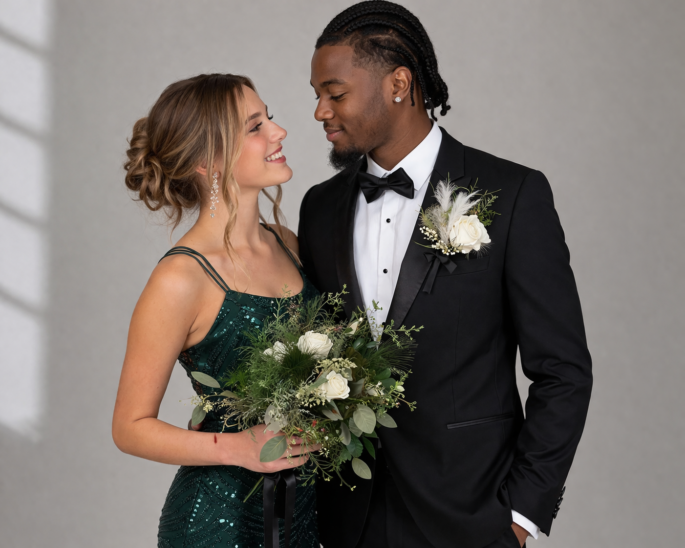 White rose boutonniere with greenery and feather accents paired with a matching white and green floral bouquet, styled for prom or formal events.